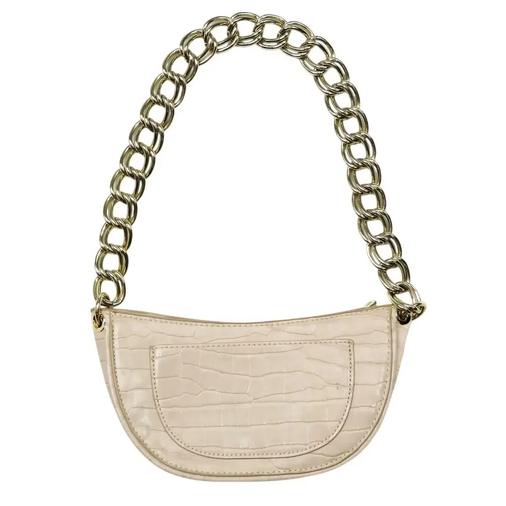 Zara Cream Croc Leather Shoulder Bag with Chunky Gold Chain Baguette Bag